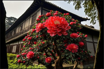  a large red flowered tree in front of a building with a pagoda in the background of it and a few trees in front of it.  generative ai