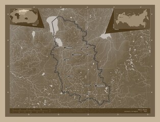 Pskov, Russia. Sepia. Labelled points of cities