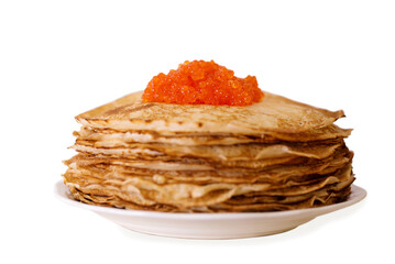 Delicious thin ruddy pancakes with red caviar isolated