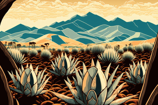 Agave field Oaxaca mezcal Mexico. Generative AI