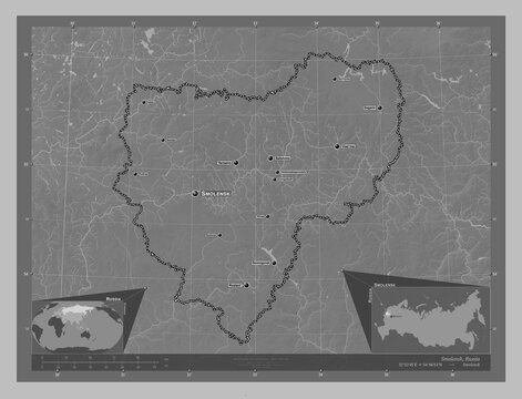 Smolensk, Russia. Grayscale. Labelled points of cities