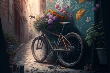  a painting of a bicycle parked next to a flower pot with flowers in the basket on the side of a building with a blue wall.  generative ai