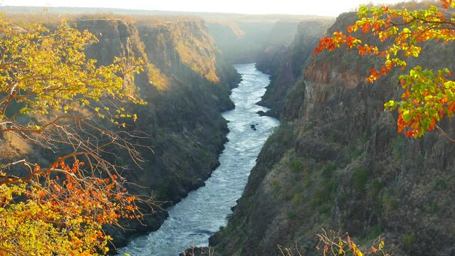 Cinematic time lapse top view of the wild Zambezi River just below Victoria Falls