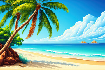 Fototapeta na wymiar Amazing tropical paradise beach with white sand, a coconut palm, the sea, and a blue sky, a background for outdoor travel, a concept for a summer vacation, and a wallpaper made from nature. Caribbean