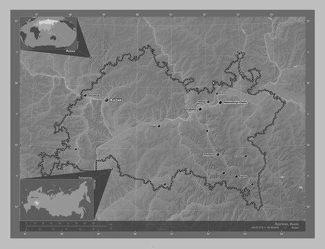Tatarstan, Russia. Grayscale. Labelled points of cities