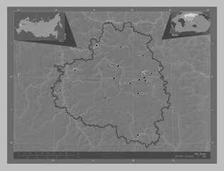 Tula, Russia. Grayscale. Labelled points of cities