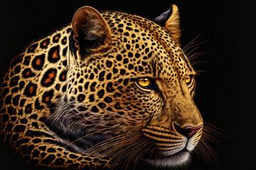 Obraz premium Beautiful large leopard in close up, isolated on a dark background. Generative AI