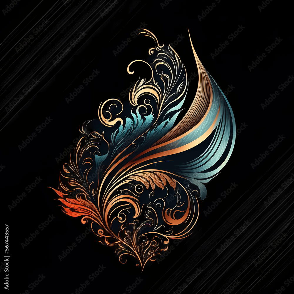 Wall mural abstract tribal tattoo shaped like a leaf on dark background with gray stripes