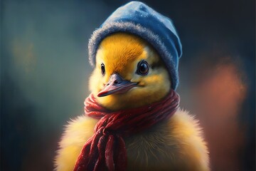  a yellow duck wearing a blue hat and a scarf with a red scarf around it's neck and a blue cap on it's head.  generative ai