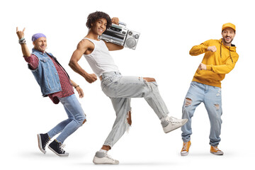 Punk, caucasian and an african american man dancing with a boombox