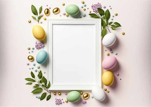 a white frame mockup with colorful easter eggs, ai generated