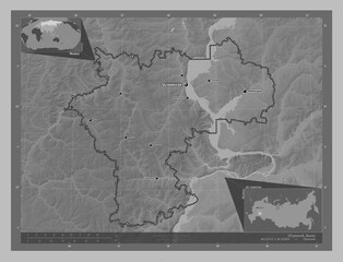 Ul'yanovsk, Russia. Grayscale. Labelled points of cities