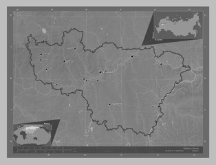 Vladimir, Russia. Grayscale. Labelled points of cities