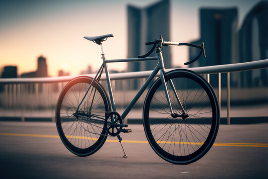  A Bike Parked On The Side Of A Road Next To A Fence With A City Skyline In The Background And A Yellow Line Painted On The Road.  Generative Ai