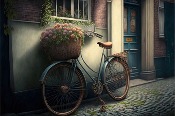 Fototapeta na wymiar a painting of a bicycle with a basket of flowers on the front of it parked on a cobblestone street in front of a brick building. generative ai