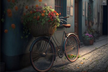 Fototapeta na wymiar a painting of a bicycle with a basket full of flowers on the front of it on a cobblestone street in front of a building. generative ai