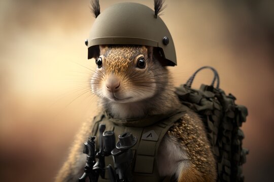 Portrait of a squirrel dressed in a military uniform, generative ai