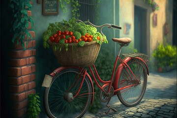 Fototapeta na wymiar a painting of a red bike with a basket of vegetables on the back of it, along with a brick wall and a brick building. generative ai