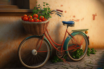 Fototapeta na wymiar a painting of a bicycle with a basket of tomatoes on the front of it, next to a wall with a window and a door. generative ai