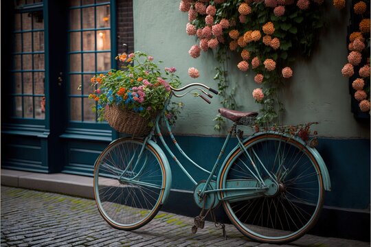  a blue bicycle with a basket of flowers on the front of it parked on a cobblestone street in front of a green building.  generative ai