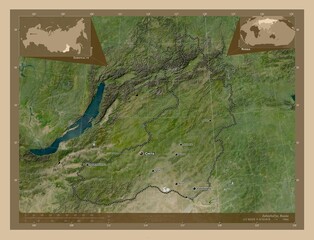 Zabaykal'ye, Russia. Low-res satellite. Labelled points of cities