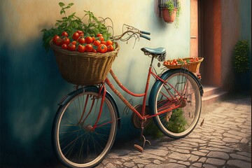 Fototapeta na wymiar a painting of a bicycle with a basket of tomatoes on the front of it and a birdcage on the back of the bike. generative ai