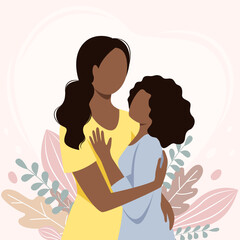 Vector illustration of a dark-skinned mother hugging her daughter. Motherhood, childhood, mother's day, happy family concept. Greeting card, poster, banner, image.