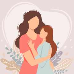 Vector illustration of a mother hugging her daughter. Motherhood, childhood, mother's day, happy family concept. Greeting card, poster, banner, image.
