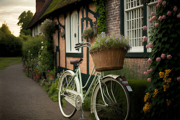 Fototapeta na wymiar a white bicycle parked next to a house with a basket full of flowers on the front of the bike and flowers growing on the side of the house. generative ai