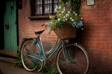 Fototapeta na wymiar a blue bicycle with a basket of flowers on the front of it parked next to a brick building with a green door and window on the side. generative ai