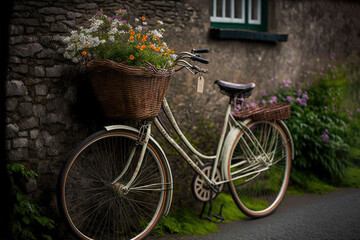 Fototapeta na wymiar a bicycle with a basket of flowers on the front of it parked next to a stone building with a green door and window on the side. generative ai