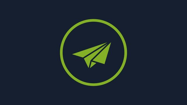 Yellow Paper plane icon isolated on blue background. Paper airplane icon. Aircraft sign. 4K Video motion graphic animation