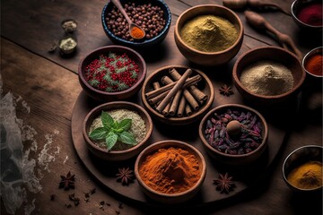  a wooden table topped with bowls filled with different types of spices and spices spoons next to each other on top of a wooden table.  generative ai