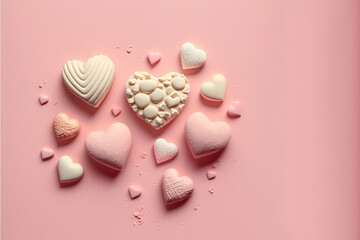 Valentines Day composition. Heart on pale pink background. Flat lay, top view Love concept made with Generative AI technology