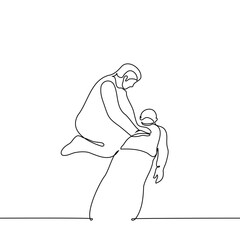 man doing chest compressions to a lying person - one line drawing vector. concept first aid