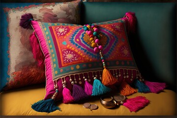  a colorful pillow with tassels and beads on a couch with a pair of sunglasses on the side of the pillow and a pair of sunglasses on the pillow.  generative ai