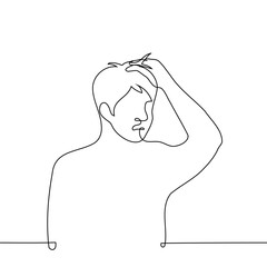man clutching his head - one line drawing vector. concept shock, confusion, despair