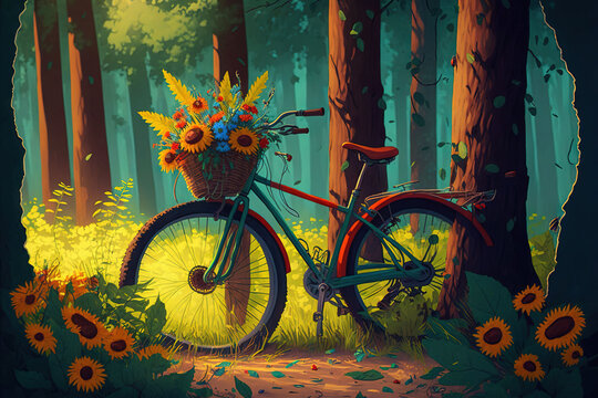  a painting of a bicycle with a basket full of flowers in the woods with sunflowers on the ground and trees in the background.  generative ai