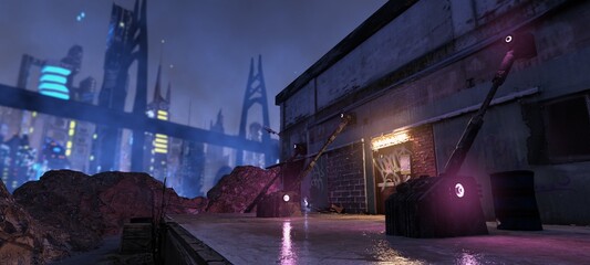 Neon night in a cyberpunk city of a future. Abandoned warehouse on the outskirts. Photorealistic 3d illustration of the futuristic city. Empty street with neon lights.