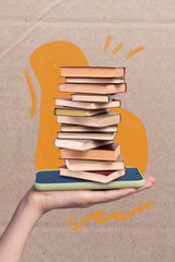 Vertical collage picture of arm palm hold telephone display pile stack book isolated on carton...