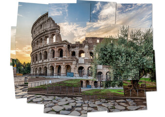 Italy, Rome - Sunset behind the Colosseum, the most famous Roman landmark sightseeing.