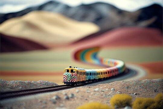 a colorful train traveling through a mountainous area with mountains in the background and a rainbow colored train on the tracks in the middle of the picture.  generative ai
