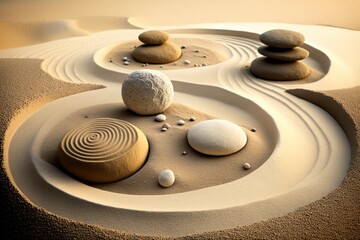 Fototapeta na wymiar Zen sand garden. White and gray zen stones on sand with abstract wave drawings. Concept of harmony, balance and meditation, spa, massage, relax.
