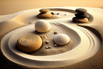 Zen sand garden. White and gray zen stones on sand with abstract wave drawings. Concept of harmony, balance and meditation, spa, massage, relax.