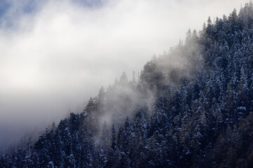 Snow and Cloud covered Canadian Nature Landscape Background. Winter Season in Squamish, British Columbia, Canada. Sunny Sky