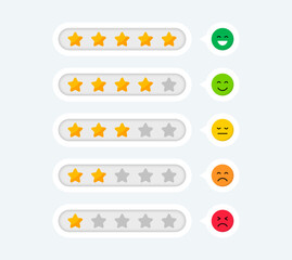 Feedback concept. User reviews with emoticons and rating stars. Customer reviews. Satisfaction rating and level various emotions. Vector illustration.