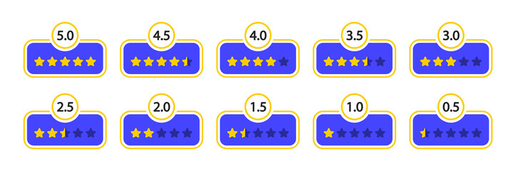 Rating stars set. Feedback evaluation. Customer review. User reviews with five stars ranking. Level of satisfaction. Vector illustration.