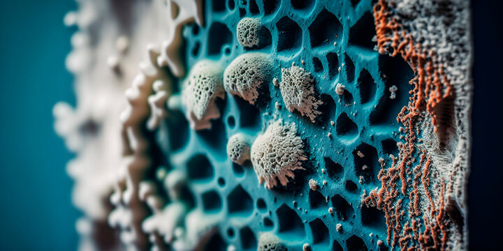 detailed macro image of mold for example on a damp wall, on food or on the skin, generative ai