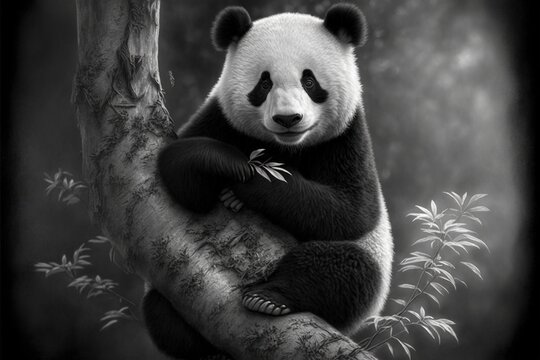  a black and white photo of a panda bear sitting on a tree branch holding a bamboo plant in its paws and looking at the camera.  generative ai