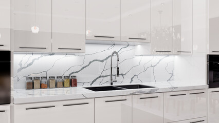 quartz backsplash design of white kitchen cabinets